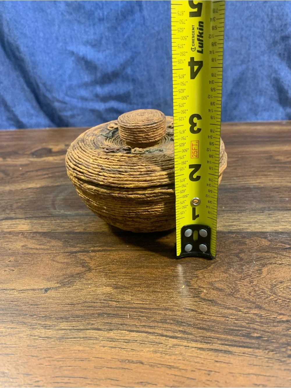 Vintage Round Wood Layered Rattan Floral Pattern Top Rustic Handmade Trinket Box